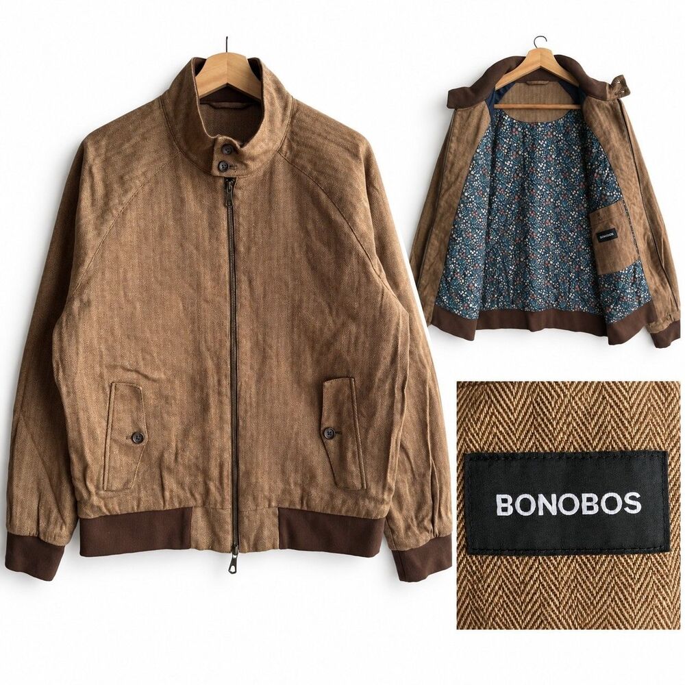 Bonobos Moon England Wool Herringbone Bomber Jacket Brown Mens M Full Zip Coat